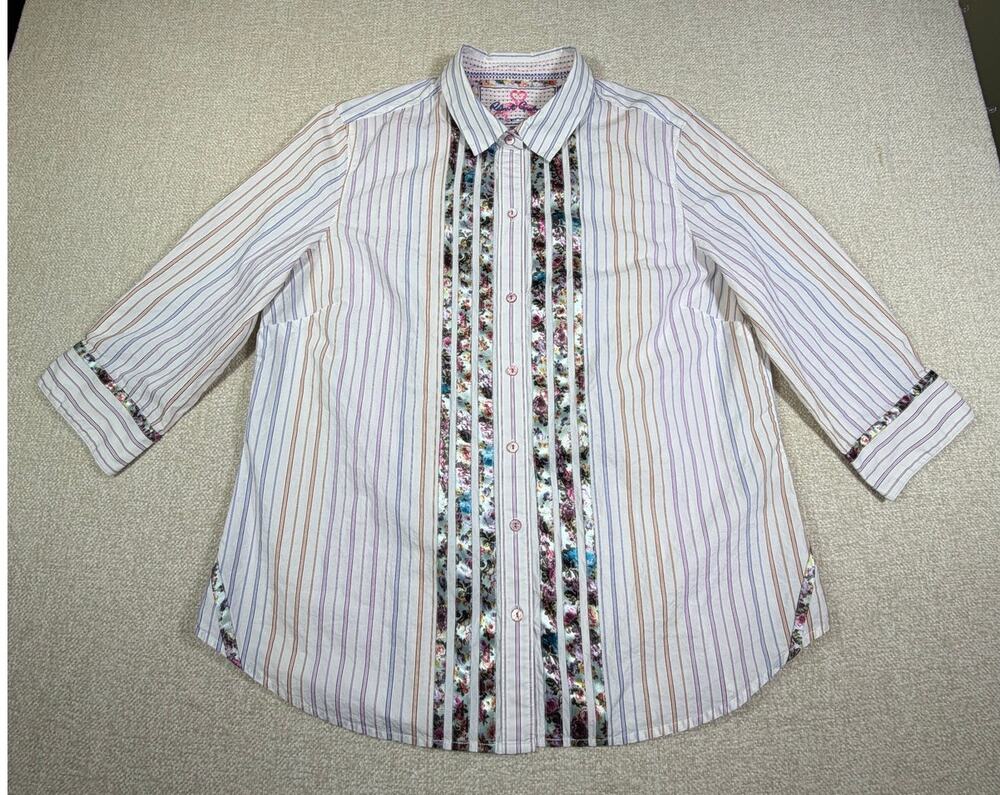 Robert Graham Women's White Multicolor Striped 3/4 Sleeve Button Front Shirt Top